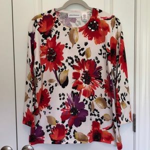 Women’s Alfred Dunner 3/4 sleeve Top, Cotton Knit L, w/flowers, beads, sequins.